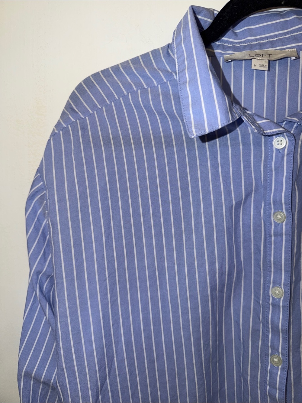 LOFT Blue and White Vertical-Stripe Button Down Shirt - Picture 3 of 7